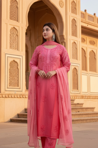Soft Chanderi Rangrez Ombre 3pc Co-ord Set with Chikankari embroidery and dupatta — Mughal haveli backdrop