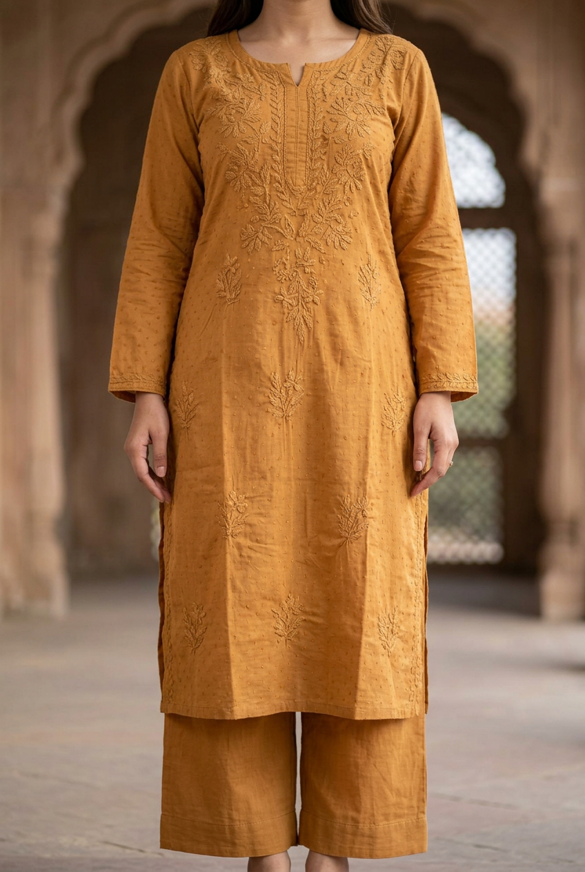 Mustard dobby cotton Chikankari kurta and palazzo set against a heritage haveli backdrop