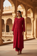 Premium red viscose Chikankari kurta with hand embroidery — Chikankari Official