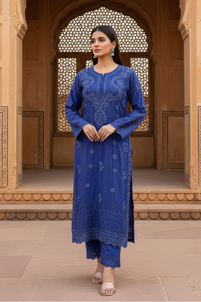 Royal blue Muqaish Chikankari kurti set with Mughal haveli background