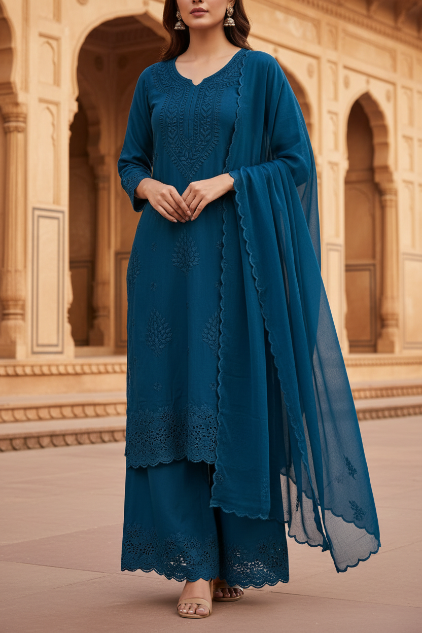 Exclusive Rayon Cutwork 3pc Set in denim blue with Mughal haveli backdrop