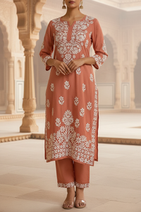 Heavy Chikankari Rayon Plazo Co-ord Set in peach with white hand embroidery, editorial heritage shoot