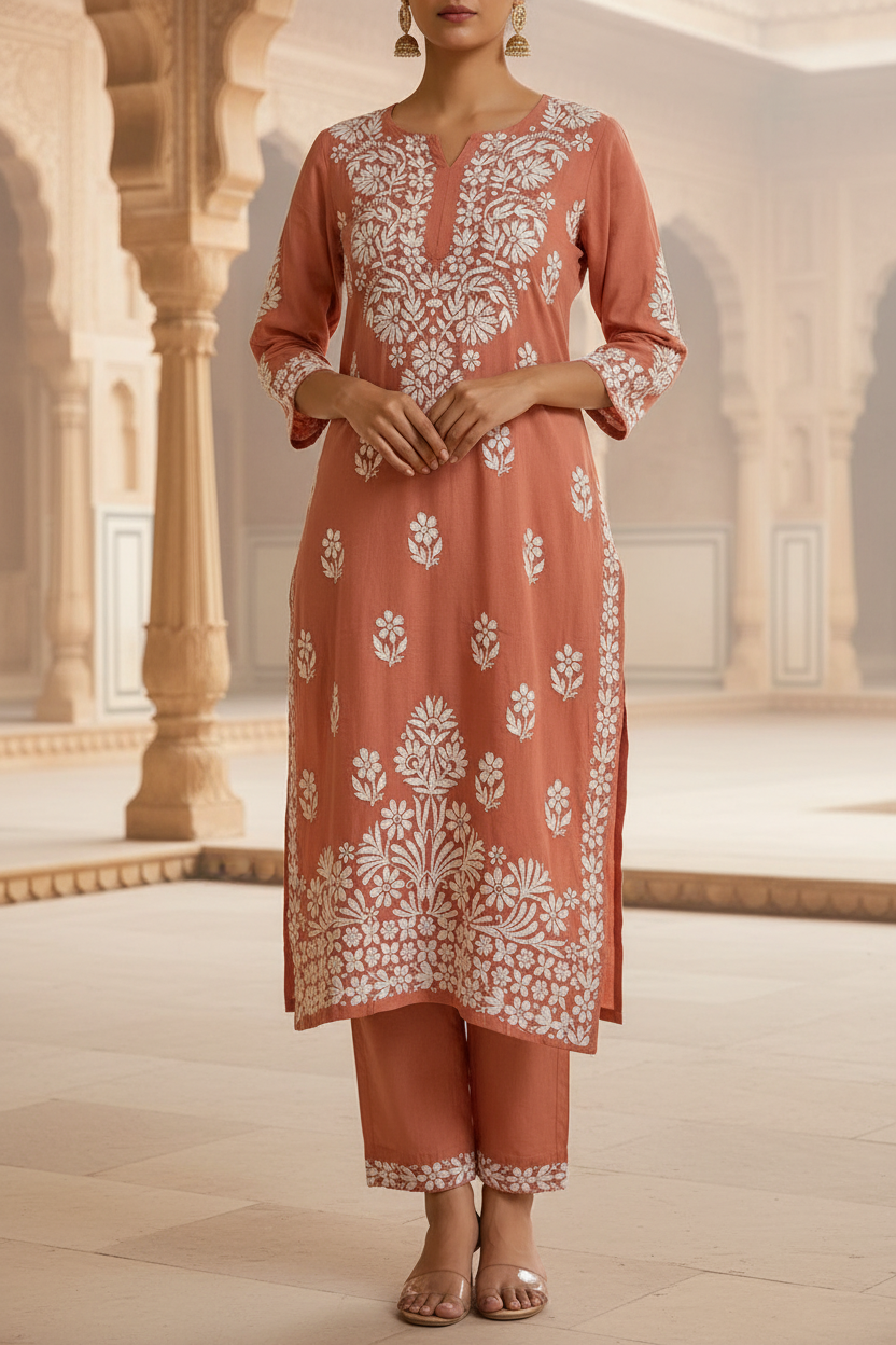 Heavy Chikankari Rayon Plazo Co-ord Set in peach with white hand embroidery, editorial heritage shoot