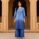Rangrez Ombre Chikankari 2pc Co-ord Set in blue ombre with Mughal haveli backdrop