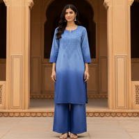 Rangrez Ombre Chikankari 2pc Co-ord Set in blue ombre with Mughal haveli backdrop