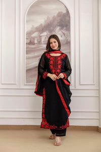 Katrina Kaif Viral Red Embroidered black straight 3pc Set - Chikankari official