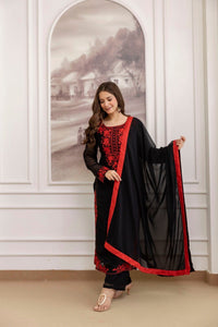 Katrina Kaif Viral Red Embroidered black straight 3pc Set - Chikankari official