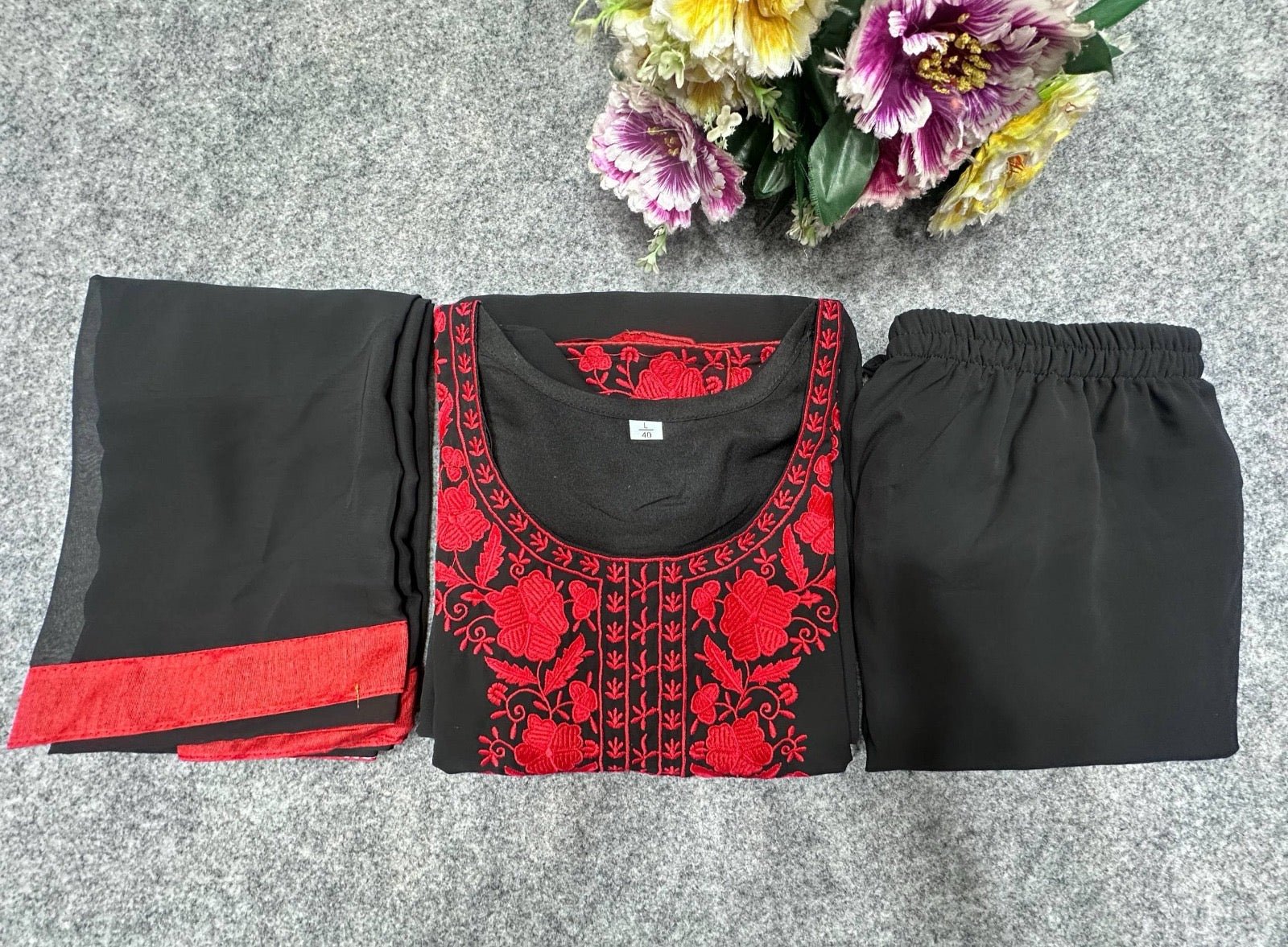 Katrina Kaif Viral Red Embroidered black straight 3pc Set - Chikankari official