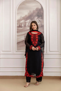 Katrina Kaif Viral Red Embroidered black straight 3pc Set - Chikankari official