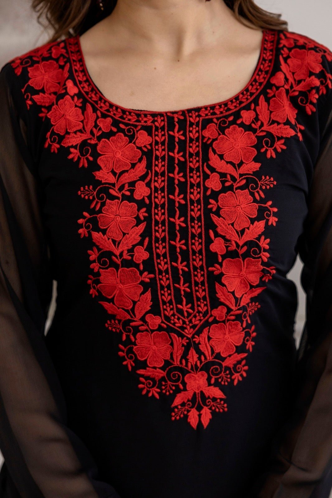 Katrina Kaif Viral Red Embroidered black straight 3pc Set - Chikankari official