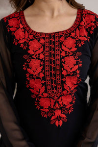 Katrina Kaif Viral Red Embroidered black straight 3pc Set - Chikankari official