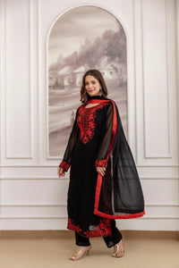 Katrina Kaif Viral Red Embroidered black straight 3pc Set - Chikankari official