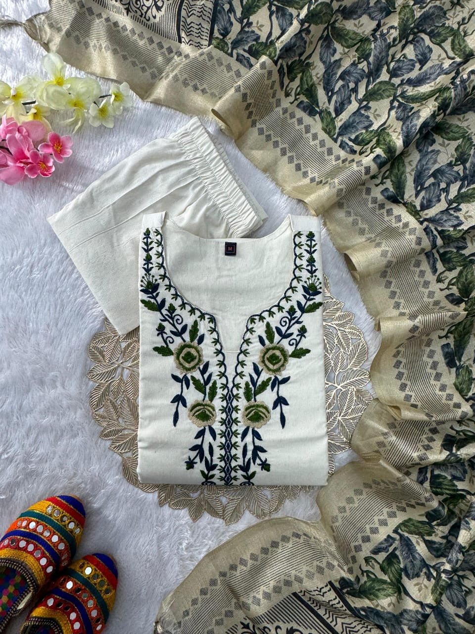 Khadi Cotton embroidered 3pc Set - Chikankari official