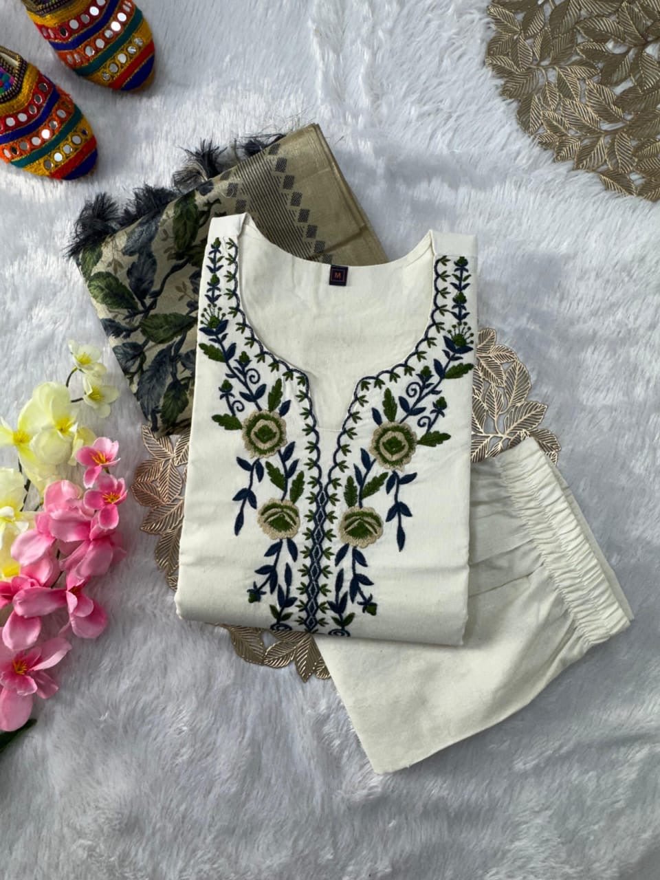 Khadi Cotton embroidered 3pc Set - Chikankari official