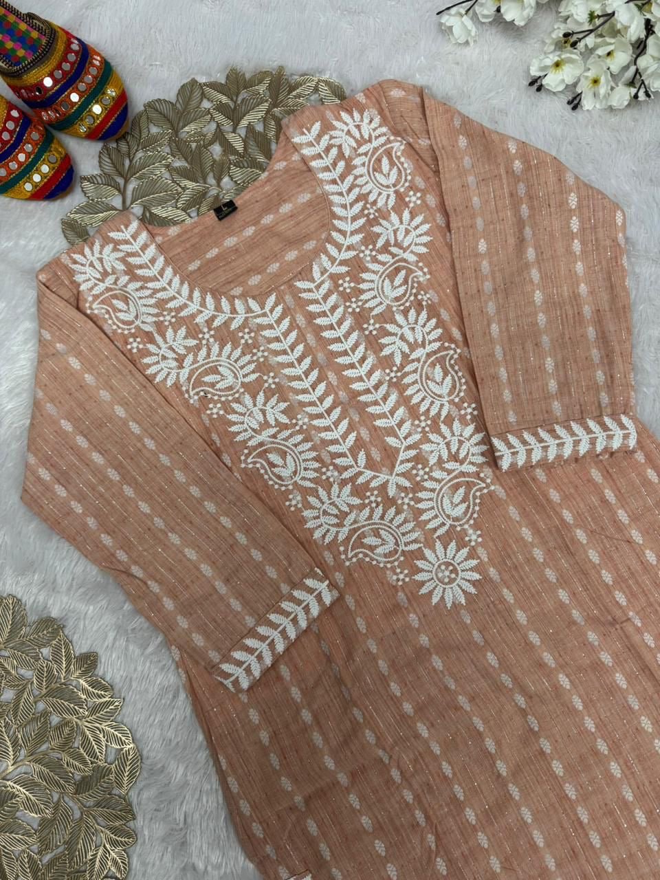Khadi Cotton Embroidered Kurta - Chikankari official