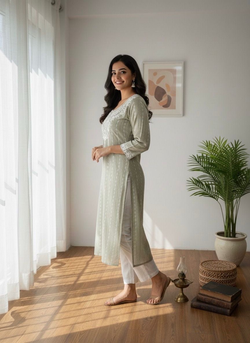Khadi Cotton Embroidered Kurta - Chikankari official