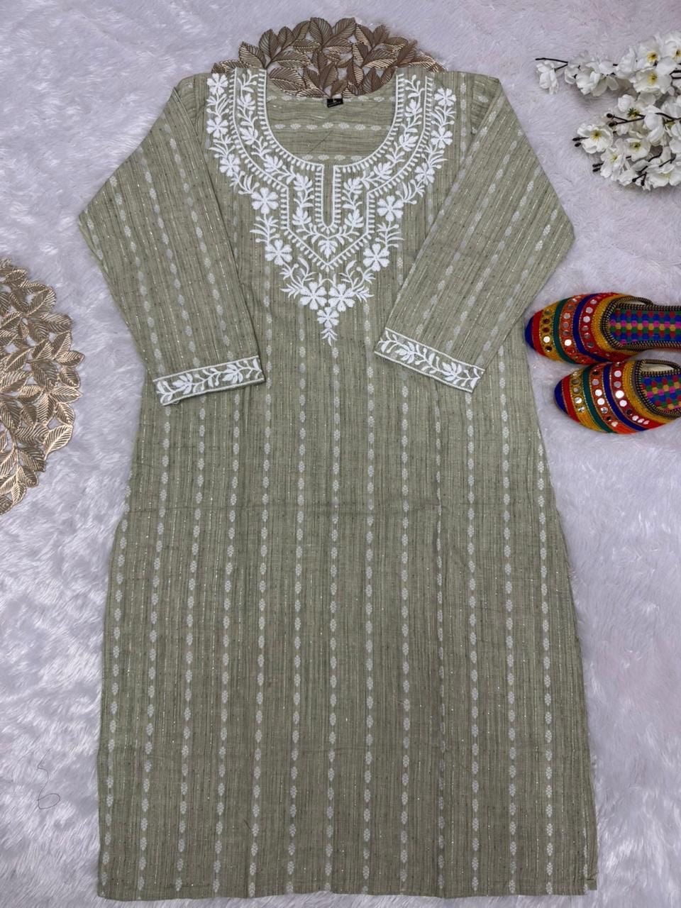 Khadi Cotton Embroidered Kurta - Chikankari official