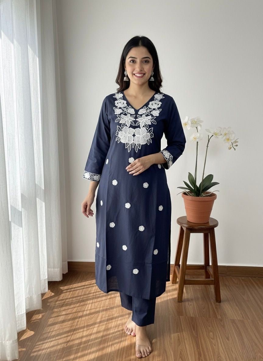 Khadi Cotton Kurta Set - Chikankari official