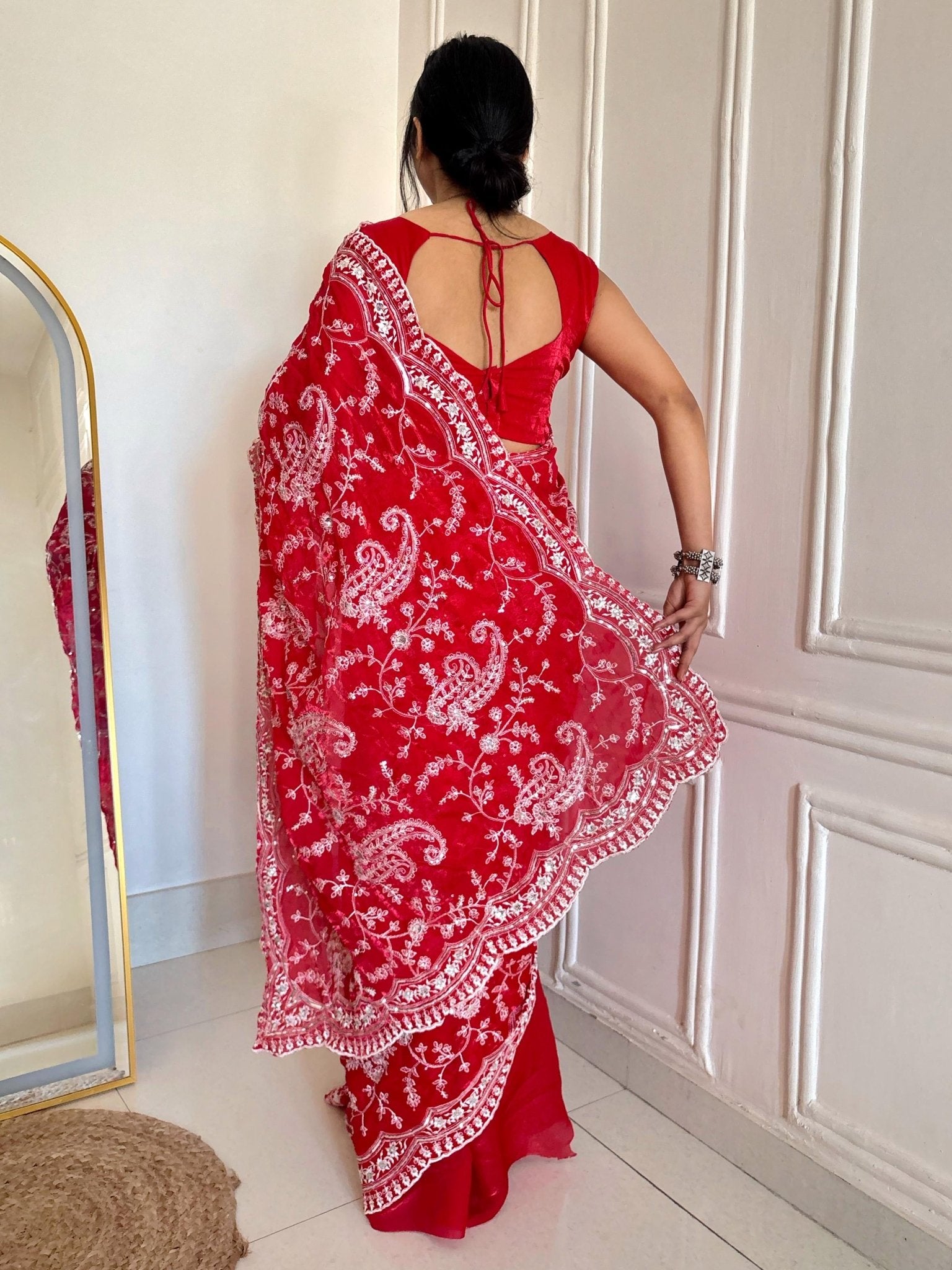 Kum Kum red Silk Satin Saree - Chikankari official
