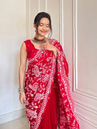 Kum Kum red Silk Satin Saree - Chikankari official