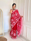 Kum Kum red Silk Satin Saree - Chikankari official