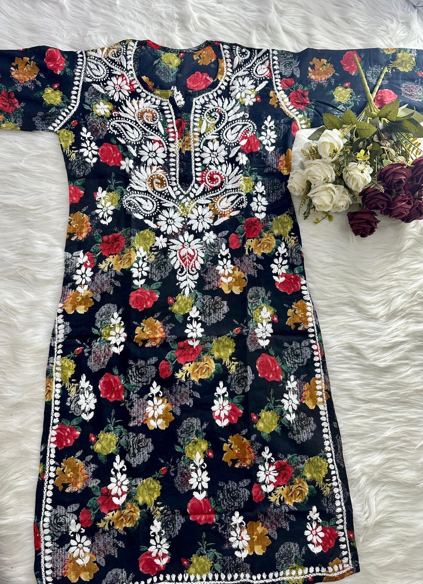 lightweight breathable mul printed long Kurtis - Chikankari official