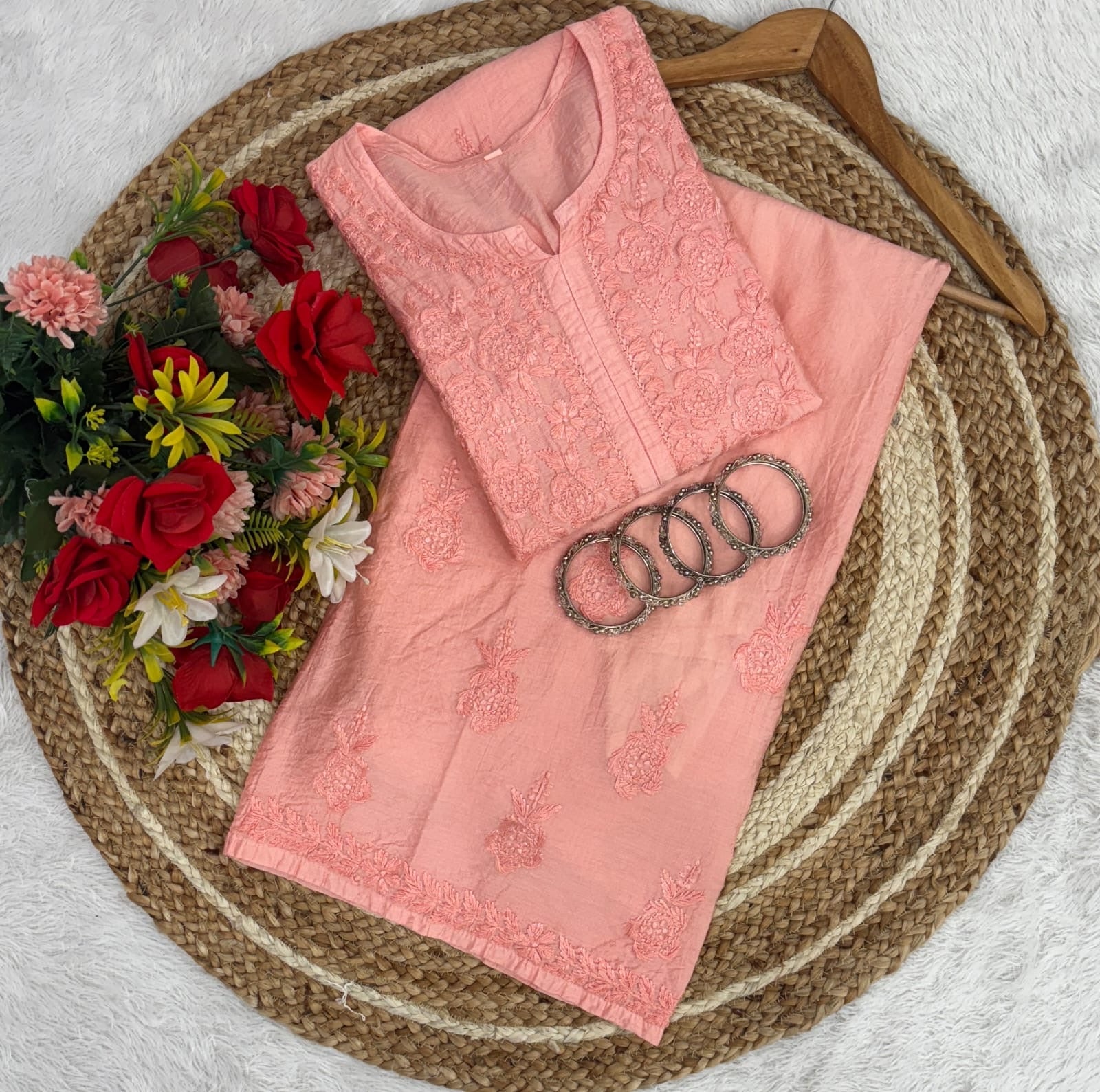 Lucknowi Chikankari Chanderi Rose Design Kurti & Plazo Set - Chikankari official