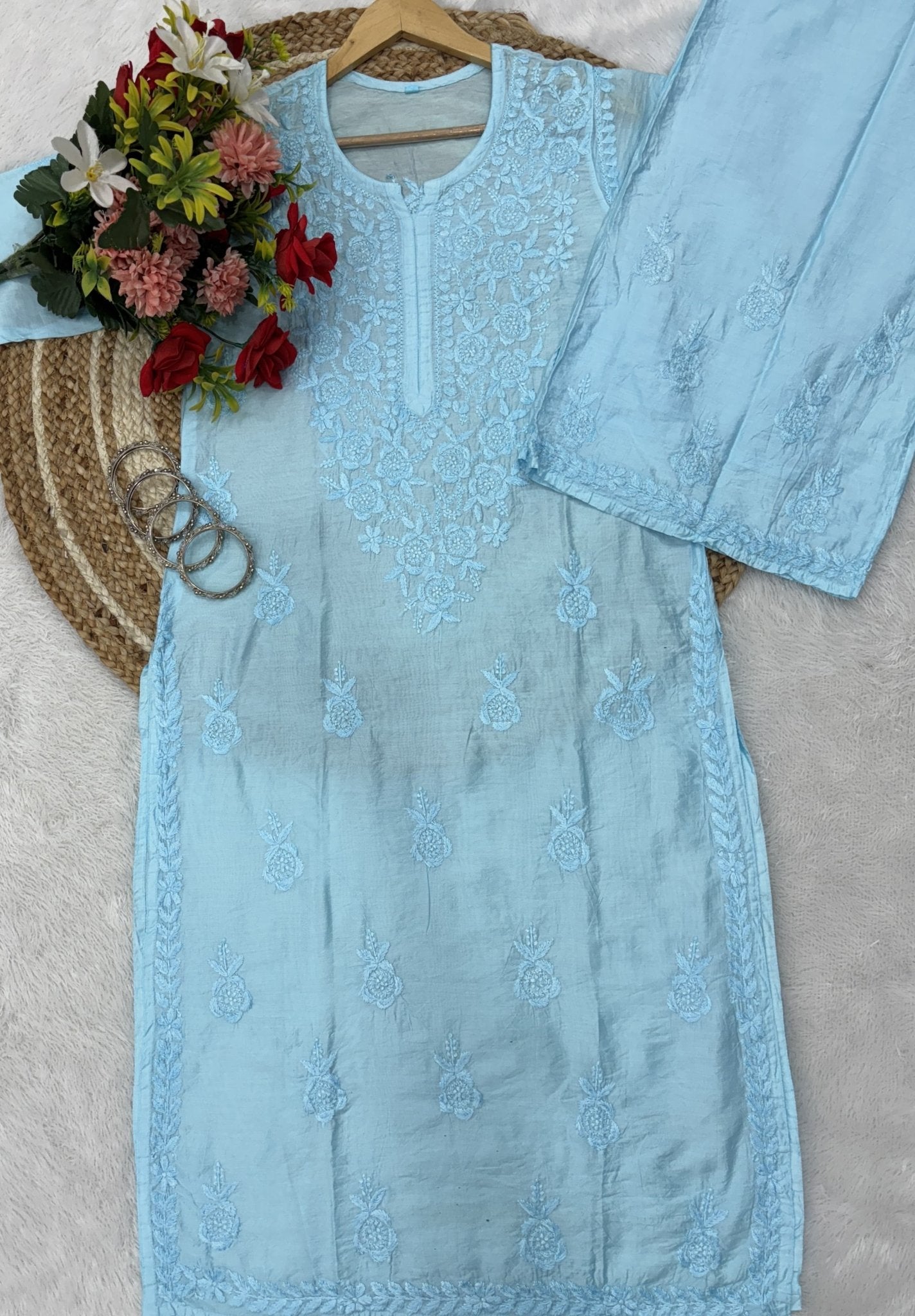 Lucknowi Chikankari Chanderi Rose Design Kurti & Plazo Set - Chikankari official