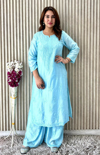 Lucknowi Chikankari Chanderi Rose Design Kurti & Plazo Set - Chikankari official