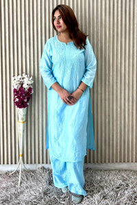 Lucknowi Chikankari Chanderi Rose Design Kurti & Plazo Set - Chikankari official