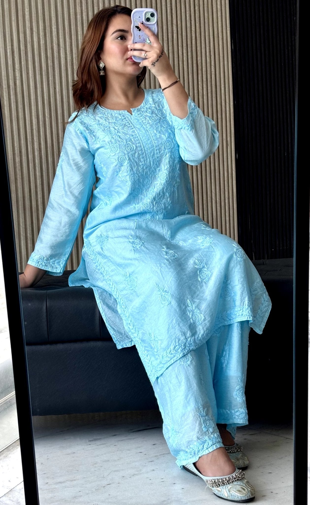 Lucknowi Chikankari Chanderi Rose Design Kurti & Plazo Set - Chikankari official