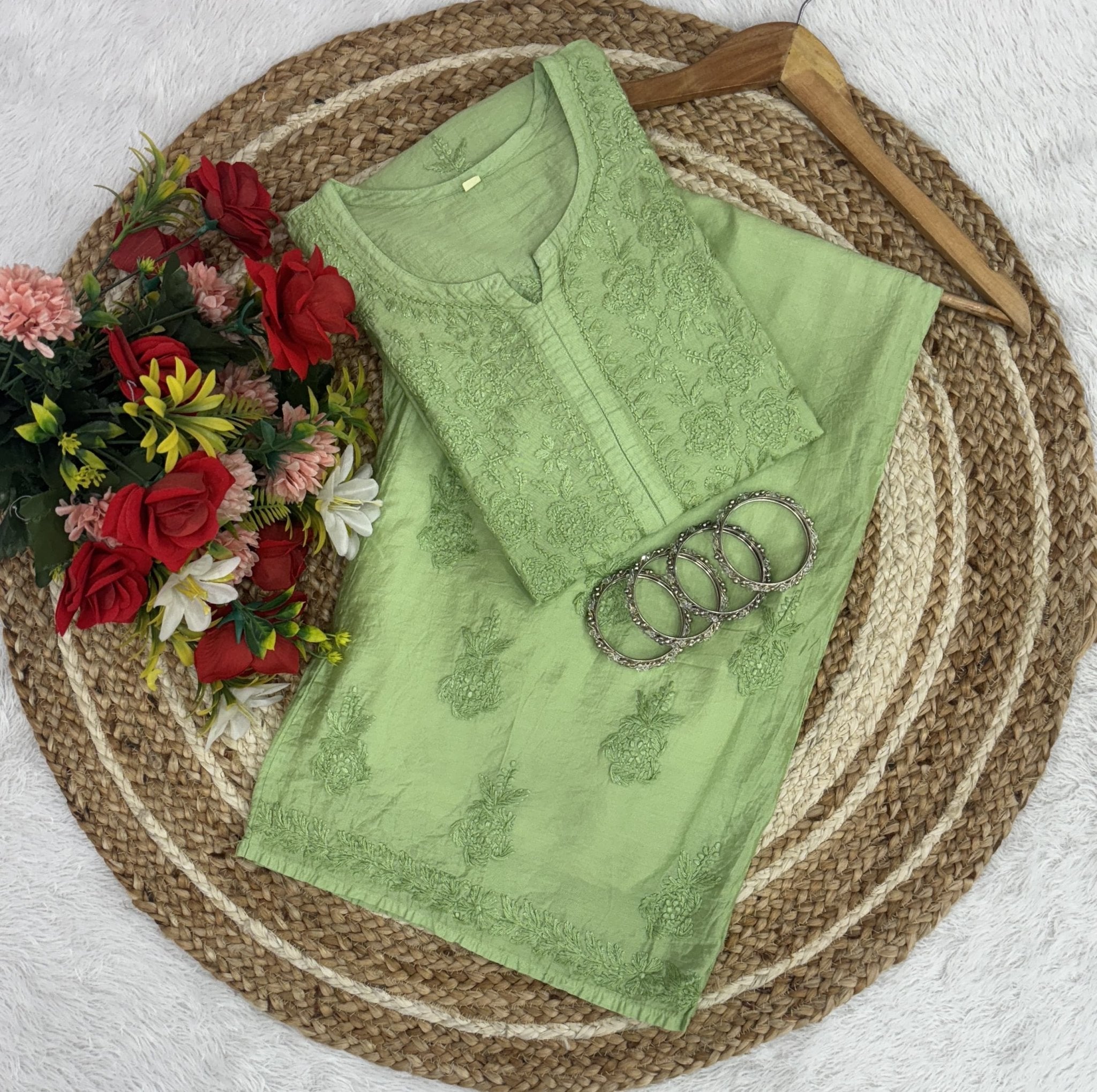 Lucknowi Chikankari Chanderi Rose Design Kurti & Plazo Set - Chikankari official