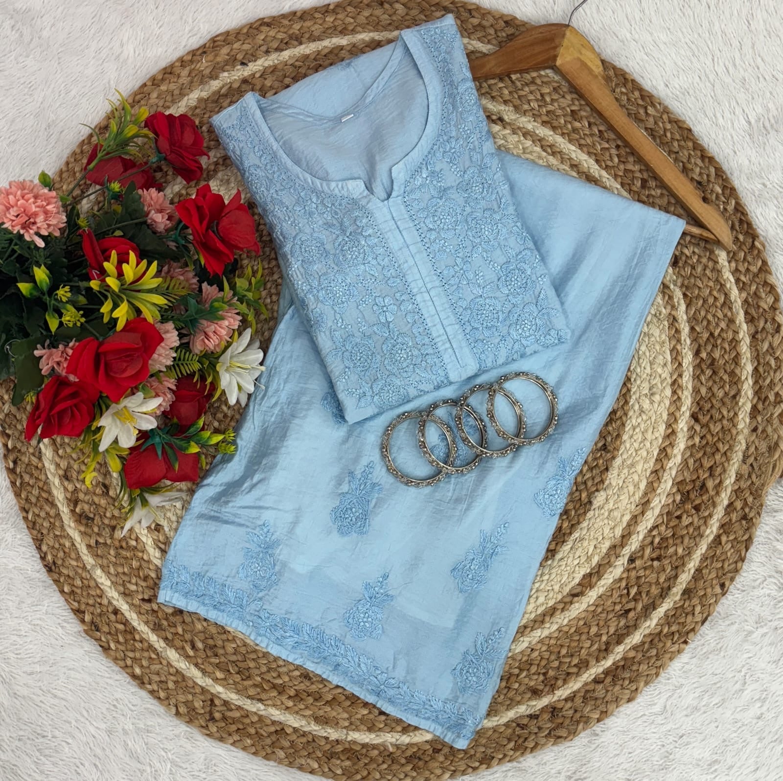 Lucknowi Chikankari Chanderi Rose Design Kurti & Plazo Set - Chikankari official