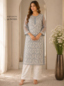 Lucknowi Georgette mirror front jaal kurta with mirror cotton pant - Chikankari official