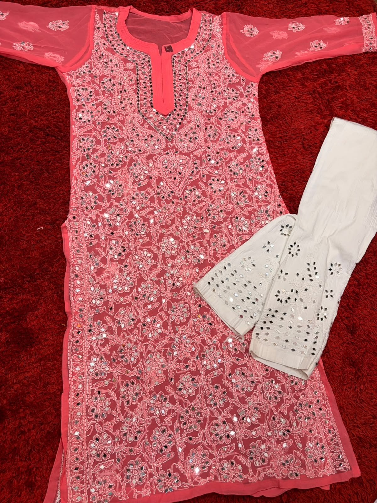 Lucknowi Georgette mirror front jaal kurta with mirror cotton pant - Chikankari official