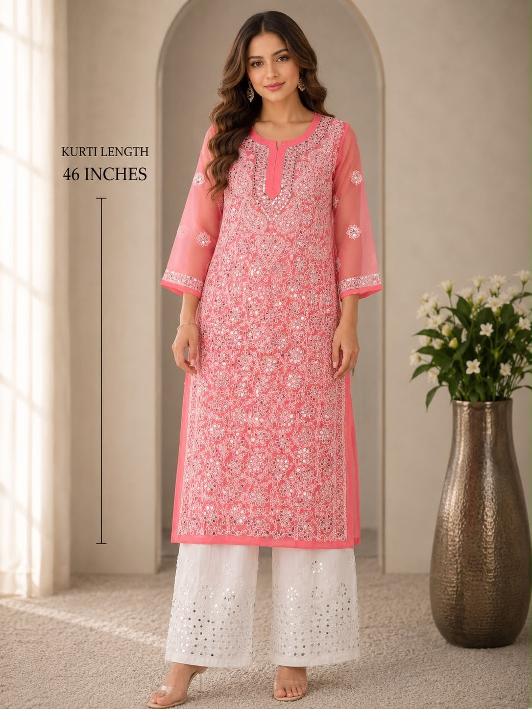 Lucknowi Georgette mirror front jaal kurta with mirror cotton pant