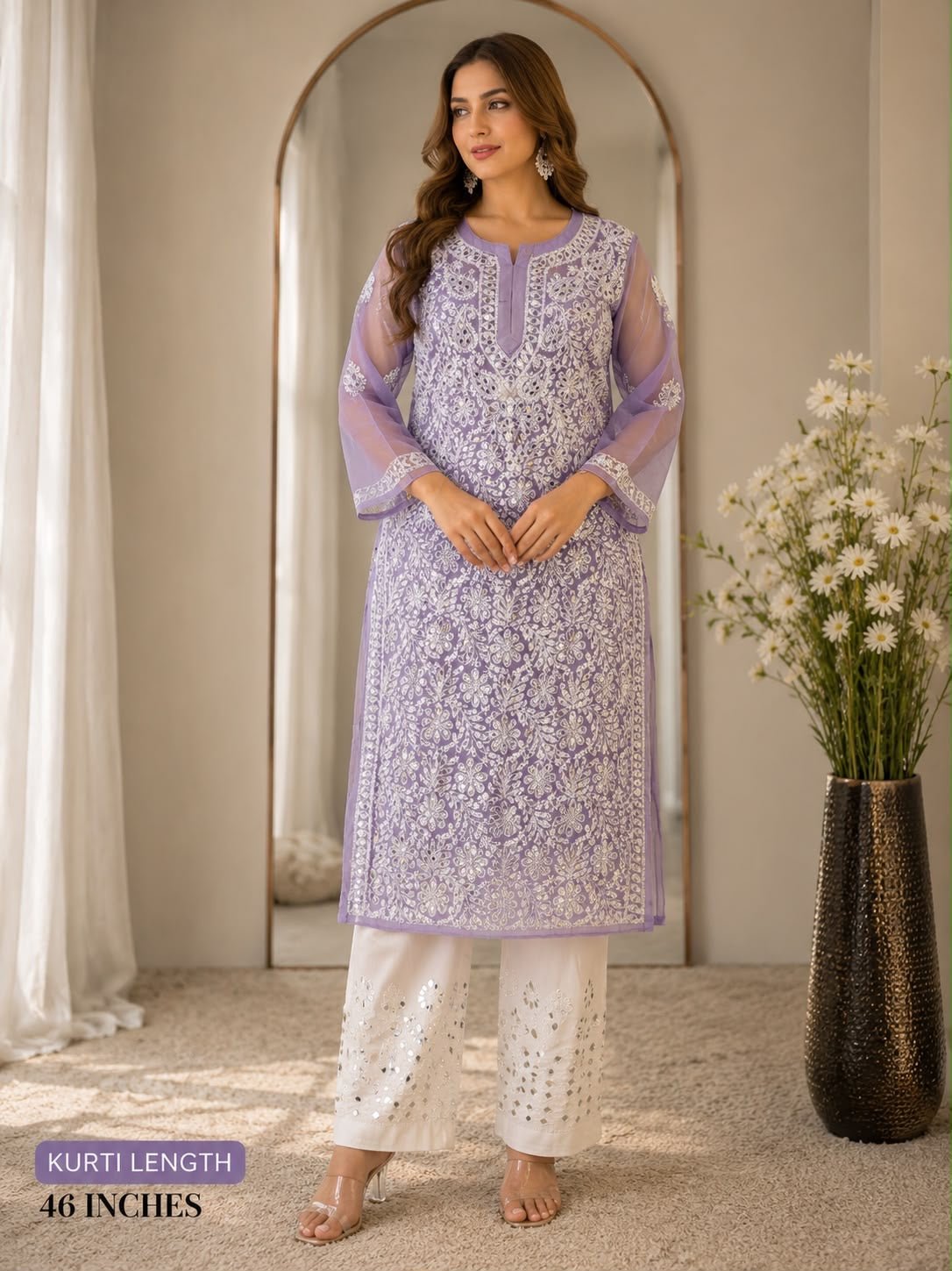 Lucknowi Georgette mirror front jaal kurta with mirror cotton pant - Chikankari official