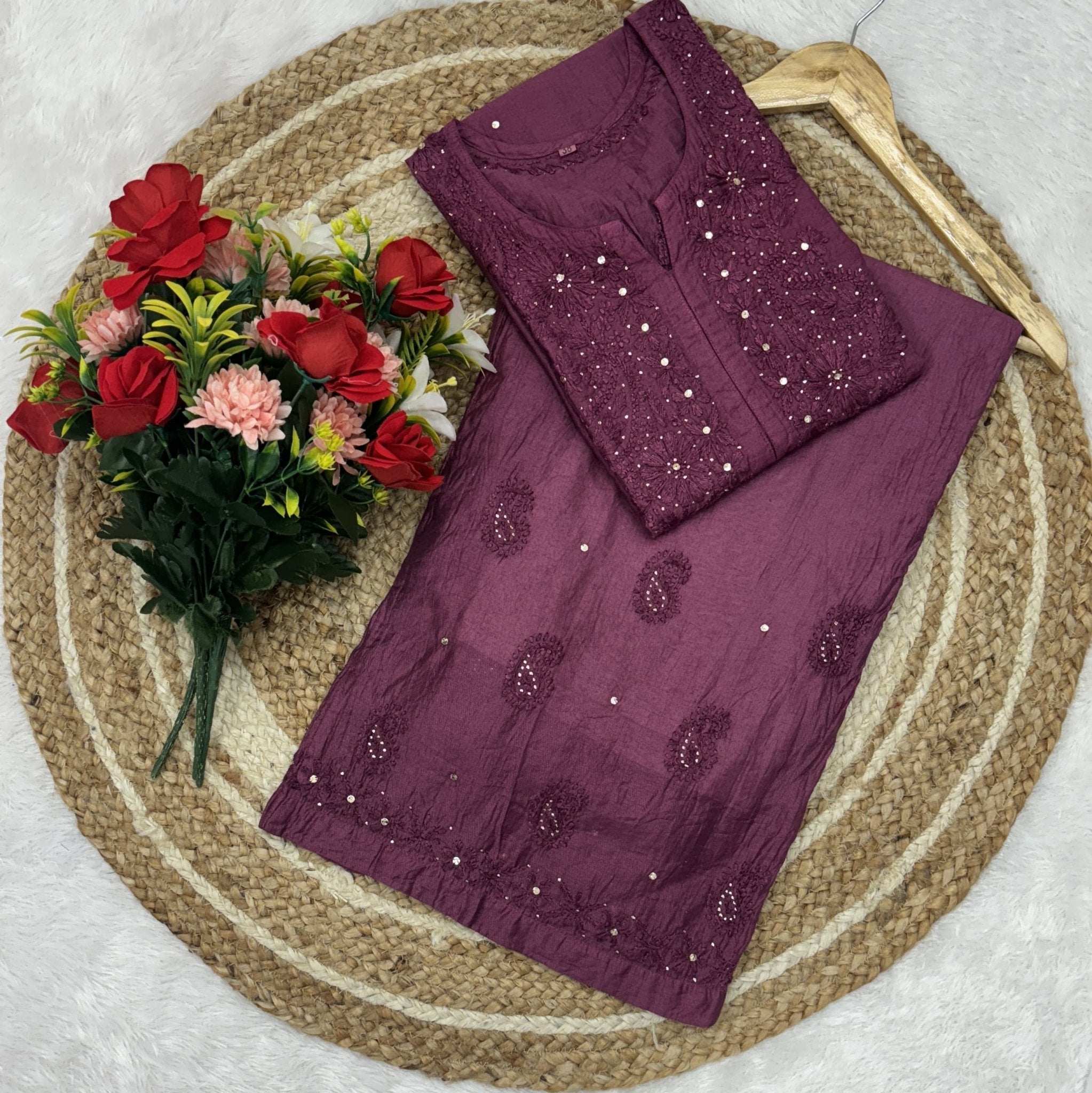 Lucknowi Ghass Patti Work Chanderi Kurti Plazzo Bharti Special - Chikankari official