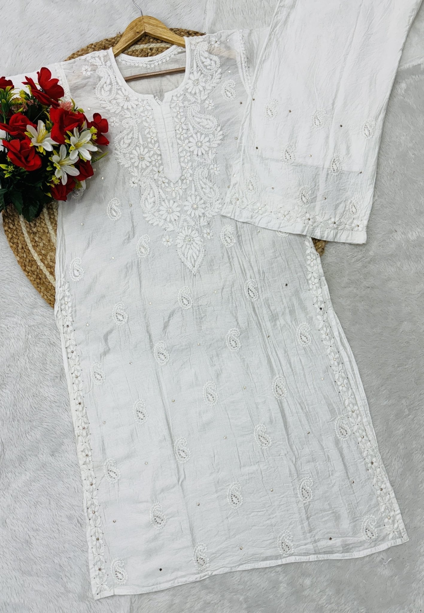 Lucknowi Ghass Patti Work Chanderi Kurti Plazzo Bharti Special - Chikankari official