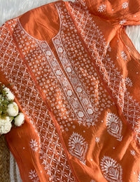 Lucknowi Nawab Mul Mul Chanderi Kurta Dupatta Set - Chikankari official