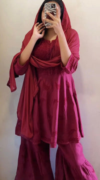 Luxe Wine Gharara 3pc Set - Chikankari official