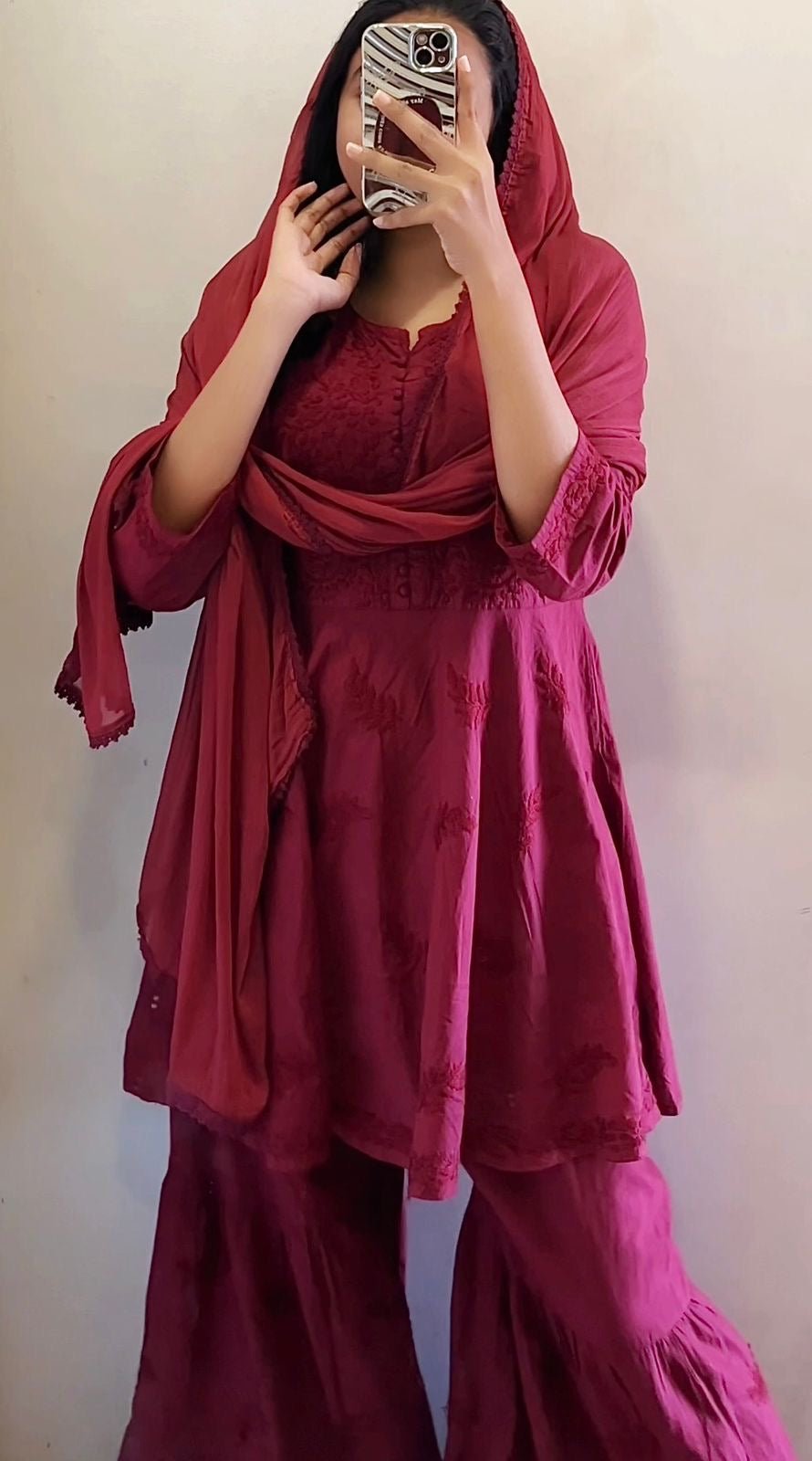 Luxe Wine Gharara 3pc Set - Chikankari official