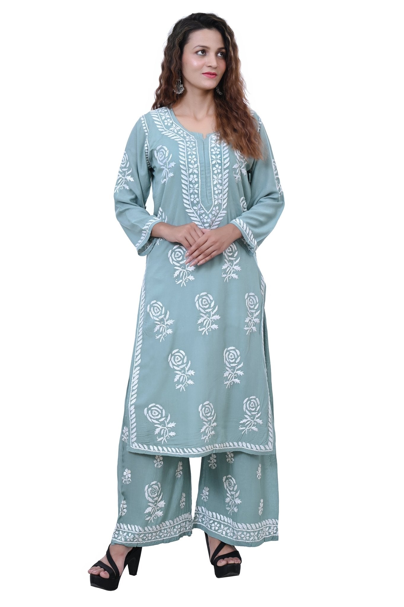 Modal Cotton Hand white thread embroidered Co - ord - Chikankari official