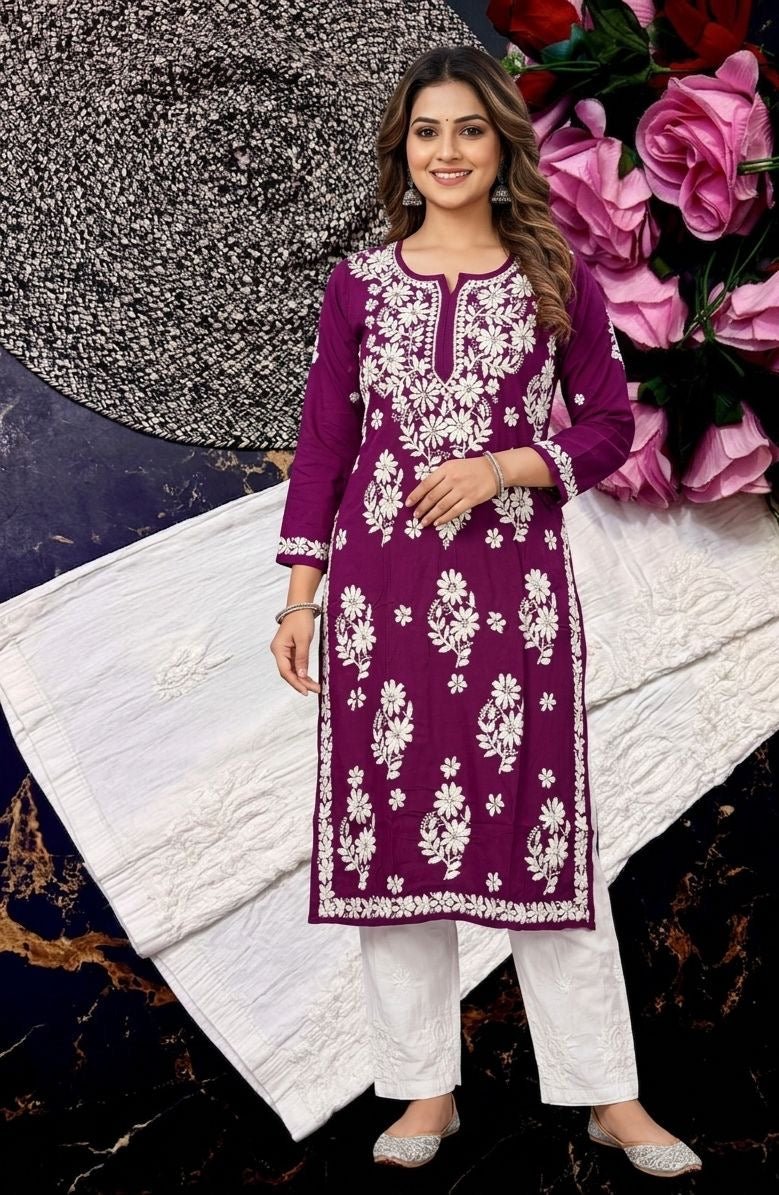 Modal cotton handwork long kurta with plazzo - Chikankari official