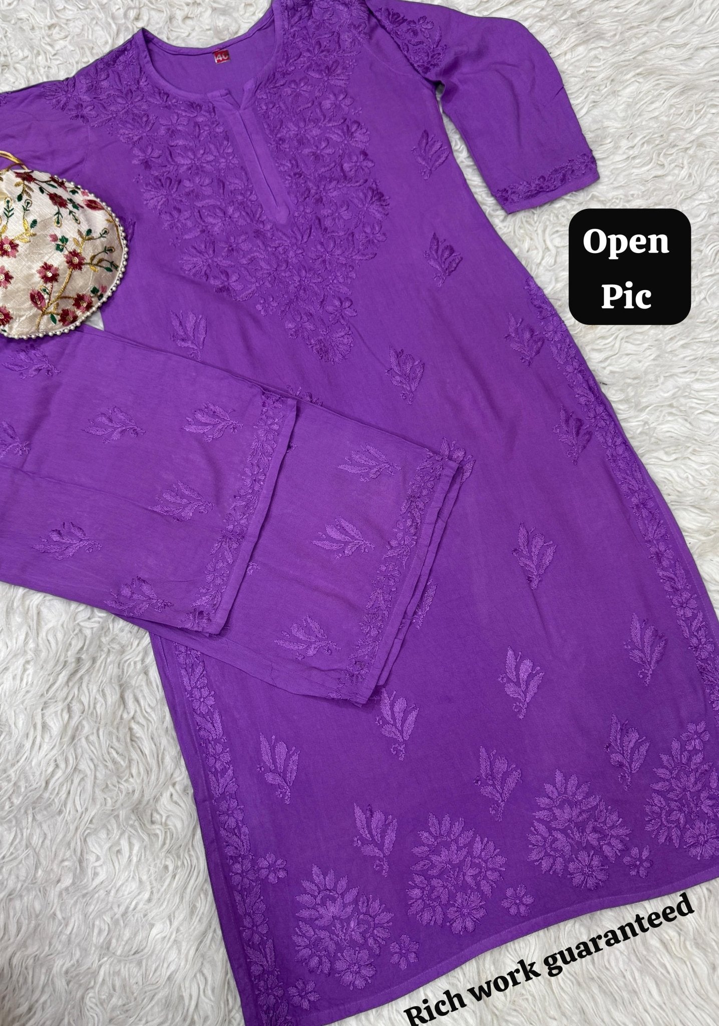 Modal lucknowi Daman rich work Kurta and plazzo with Potli Bag - Chikankari official