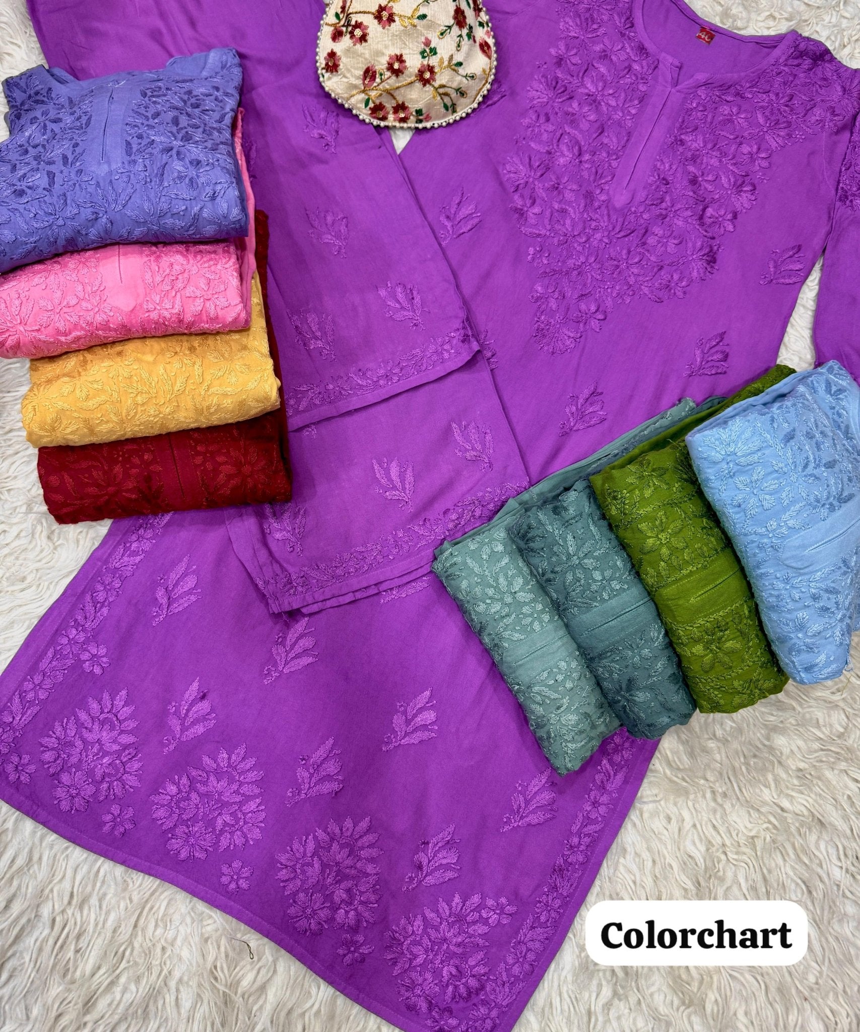 Modal lucknowi Daman rich work Kurta and plazzo with Potli Bag - Chikankari official