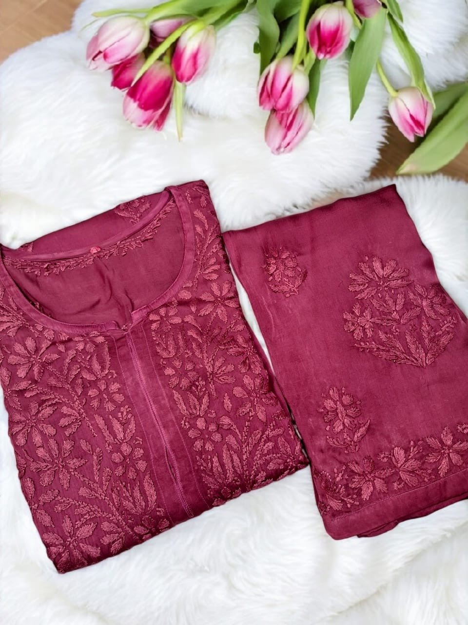 Modal Satin Super Soft Heavywork Co - ord Set - Chikankari official