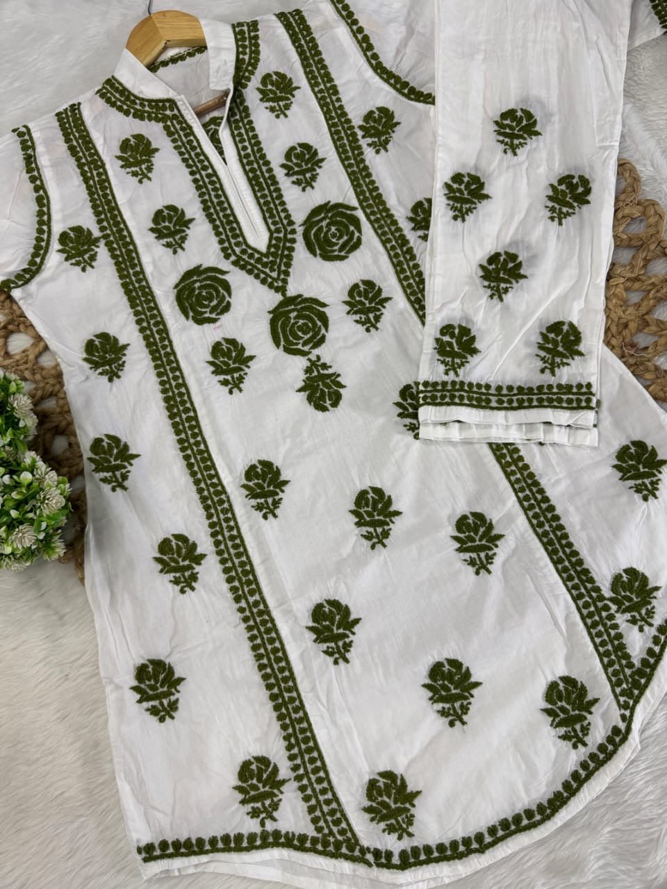 Mul Cotton Co - ord Set Short Kurta Pant - Chikankari official