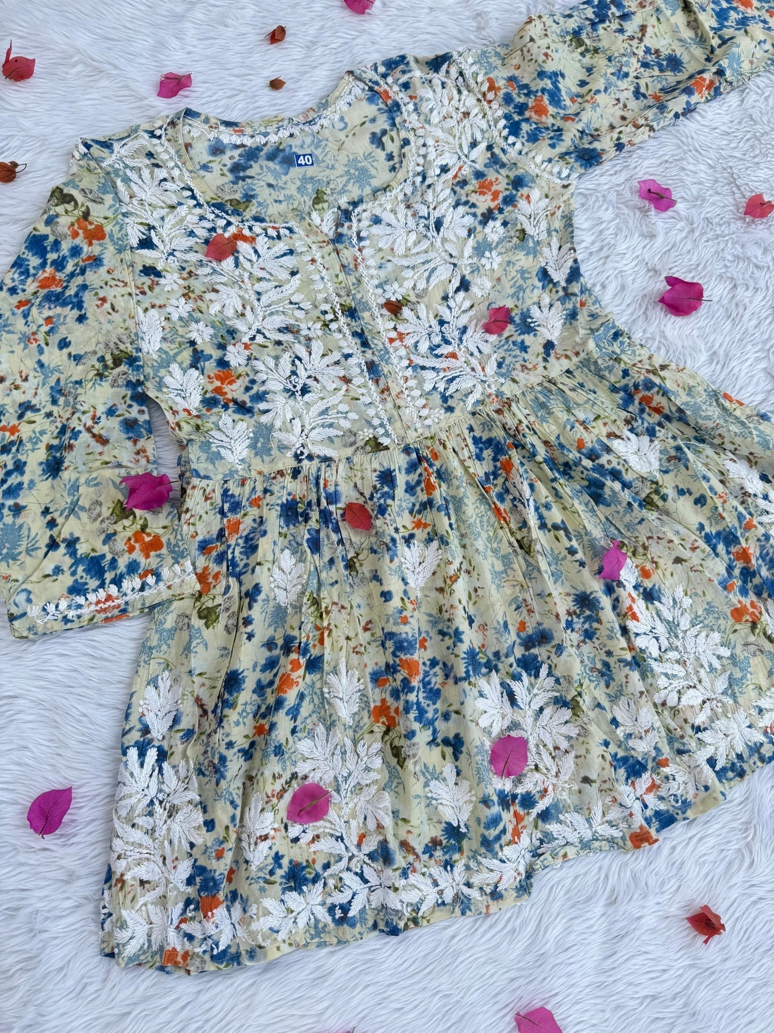 Mul Floral print short Gown - Chikankari official