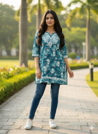 Mul Short Printed Designer - Chikankari official